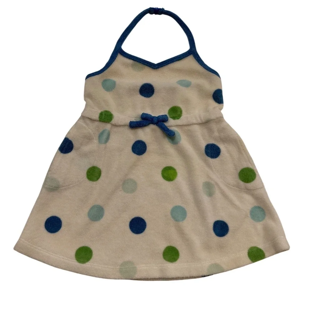 Gymboree Vintage 2004 Polka Dot Terry Cloth Halter Dress Blue Green White 3-6M